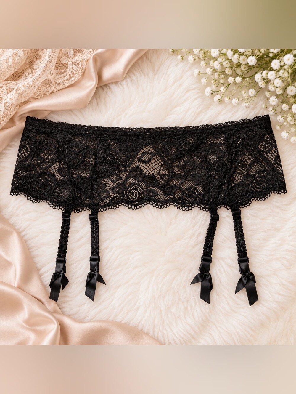 La Vie en Rose Black Floral Lace Garter Belt Size Large
